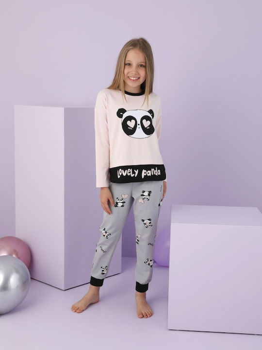 Kids Winter Pajama Sevim Lovely Panda Cotton Pastel Salmon