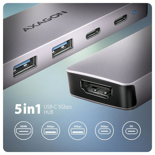 Axagon HMC-5H60 USB-C Docking Station mit HDMI 4K PD Gray