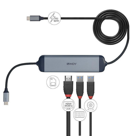 Lindy USB-C Докинг станция с HDMI 4K PD Сребрист (43326)