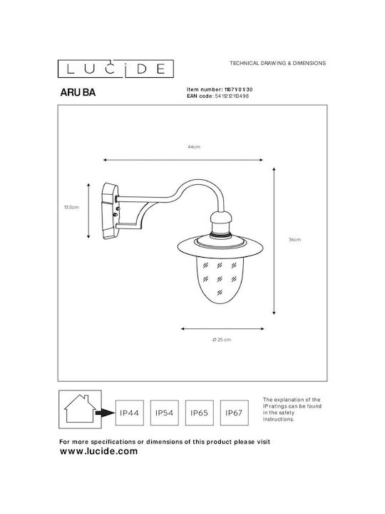 Lucide Lightning Aruba Επιτοίχιο Εξωτερικό Φωτιστικό Καπέλου E27 IP44