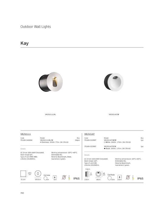 VK Lighting Wandmontierte Außen-Deckenleuchte LED IP65 2W mit Warmweiß Licht 8x3.8εκ.
