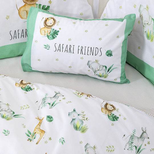 Nima Сет Бебешка Долен Калъф с Калъфка за Възглавница Safari Friends White, Green 110x145см.