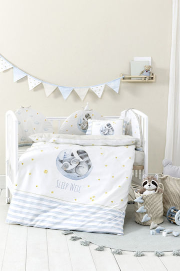 Nima Set Copertă de Pătuț cu Față de Pernă Sleepy Racoon White, Light Blue 110x145cm.