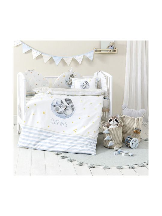 Nima Set Copertă de Pătuț cu Față de Pernă Sleepy Racoon White, Light Blue 110x145cm. Nima Set Copertă de Pătuț cu Față de Pernă Sleepy Racoon White, Light Blue 110x145cm.