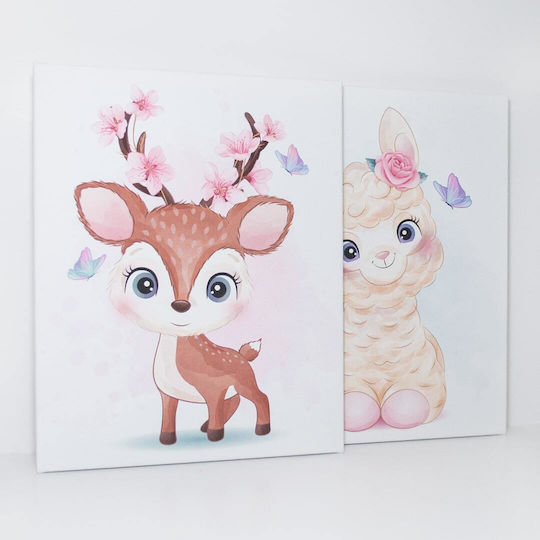 2-Teilig Kinder Wandkunst Leinwand Lama Reh Die Schmetterlinge