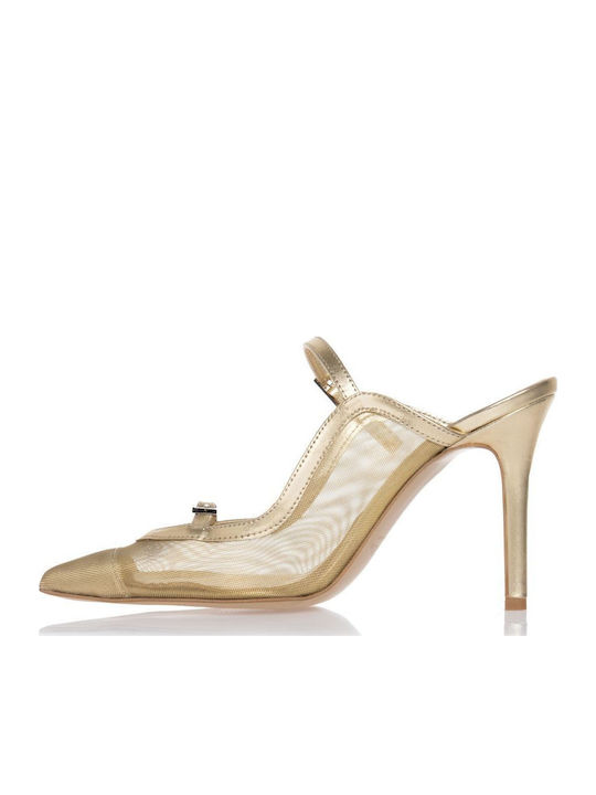 Leather Mules with High Heel in Gold Color