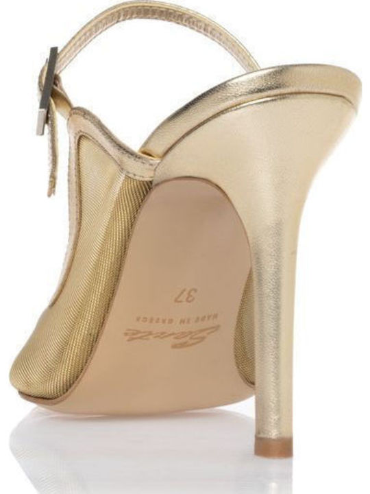 Leather Mules with High Heel in Gold Color