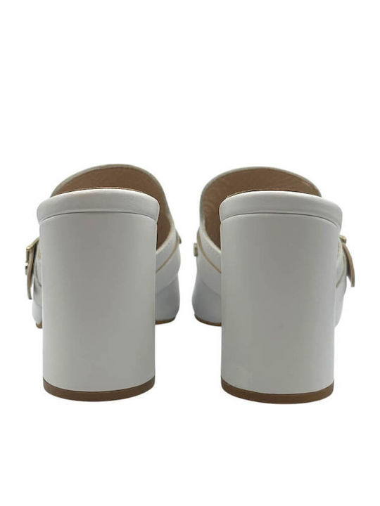 Leather Mules with High Heel in White Color