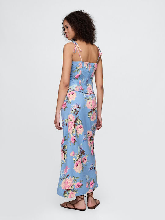 Λινή Ψηλόμεση Midi Φούστα Floral Blue Multi Floral