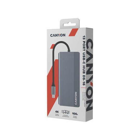 Canyon USB-C Dockingstation für Laptops mit HDMI/DisplayPort 4K PowerDelivery Ethernet und Bildschirmverbindungen für 3 Monitore Grau