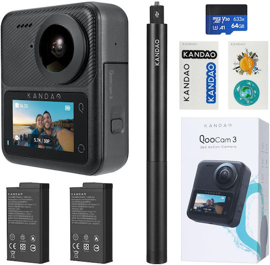 Kandao QooCam 3 Travel Kit 64GB Action Camera 5K Λήψης 360° Υποβρύχια με Οθόνη Αφής 1.9" και Wi-Fi Μαύρη