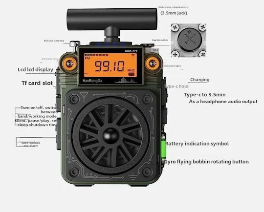 Hanrongda HRD-777 Επιτραπέζιο Ραδιόφωνο Επαναφορτιζόμενο με Bluetooth Πράσινο