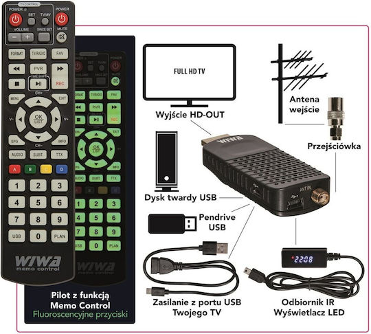 WIWA H.265 DVB-T/T2 Ψηφιακός Δέκτης Mpeg-4 HD (720p) με Λειτουργία PVR (Εγγραφή σε USB) Σύνδεση HDMI