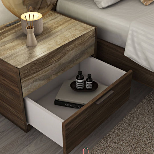 Κομοδινο Sicilia Letto Αναγλυφη Μελαμινη Χρωμα Tobacco Walnut M19.1 Φαρδος 50cm Ύψος 48cm Βαθος 43cm