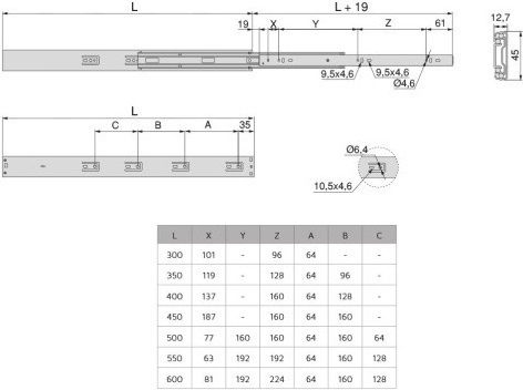 Emuca Drawer Guide Brake & Push Telescopic Ball Bearing Nickel 35kg 223-4302905#60