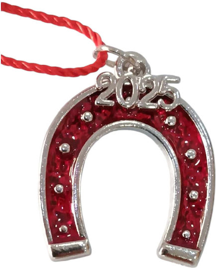Handmade New Year's Lucky Charm 2025 Tassel Horseshoe Burgundy Silver 2.7x3.5cm
