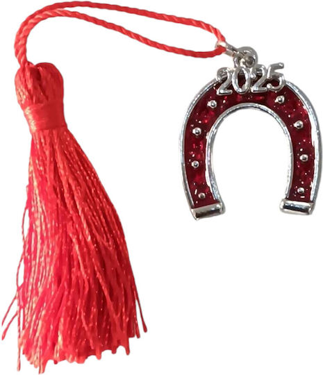 Handmade New Year's Lucky Charm 2025 Tassel Horseshoe Burgundy Silver 2.7x3.5cm