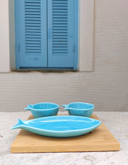 Marva Ceramic Dessert Divided Serving Tray with 3 Slots Turquoise 19.5x16.5cm 3pcs