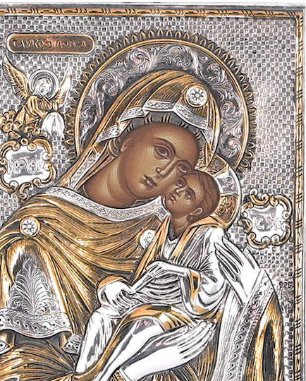 Heilige Maria Glykofilousa Silberne Heiligenikone Mit Gold 18x14cm