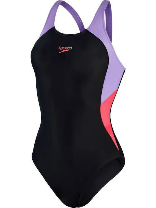 Colourblock Splice Muscleback Athletic One-Piece Swimsuit Black/Lilac