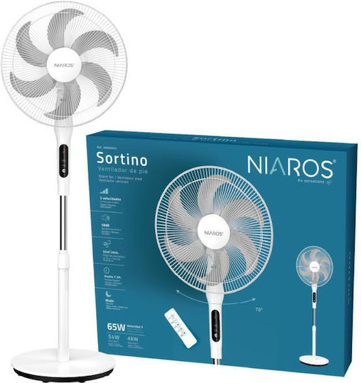 Niaros Sortino Ανεμιστήρας Ορθοστάτης 65W Διαμέτρου 43cm με Τηλεχειριστήριο Λευκός