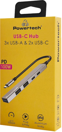 Powertech Hub 5 Porturi USB 3.2 Cu Conectare USB-C Gri