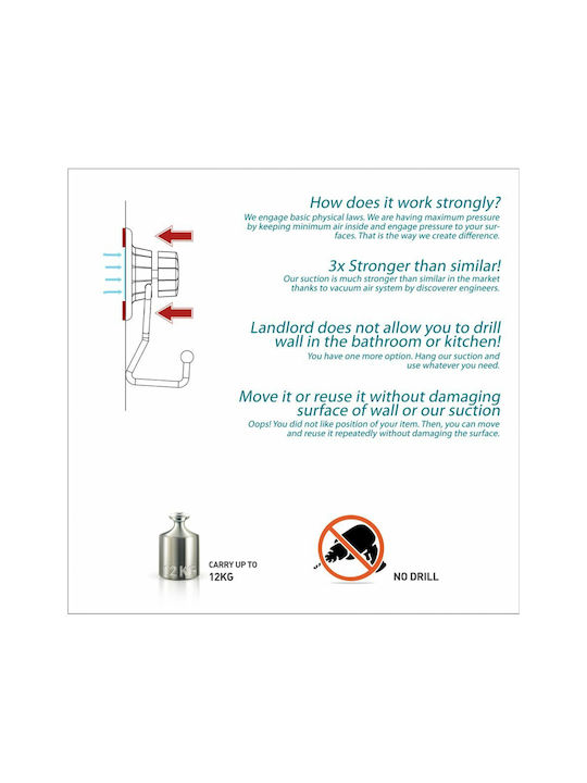 Tekno-tel Square Bathroom Towel Rack 16x4x16cm Thickness Ø7mm Load Capacity 12kg Chrome-Plated Steel Extra Strong Suction Cup
