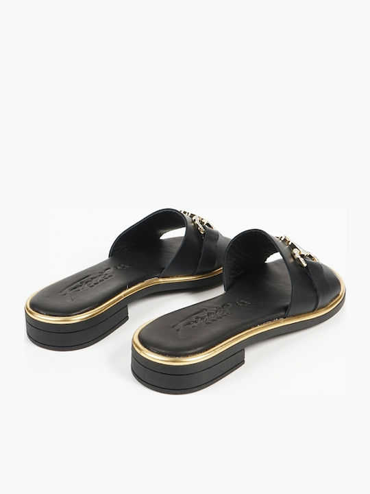 Leather Women's Flat Sandals in Black Color