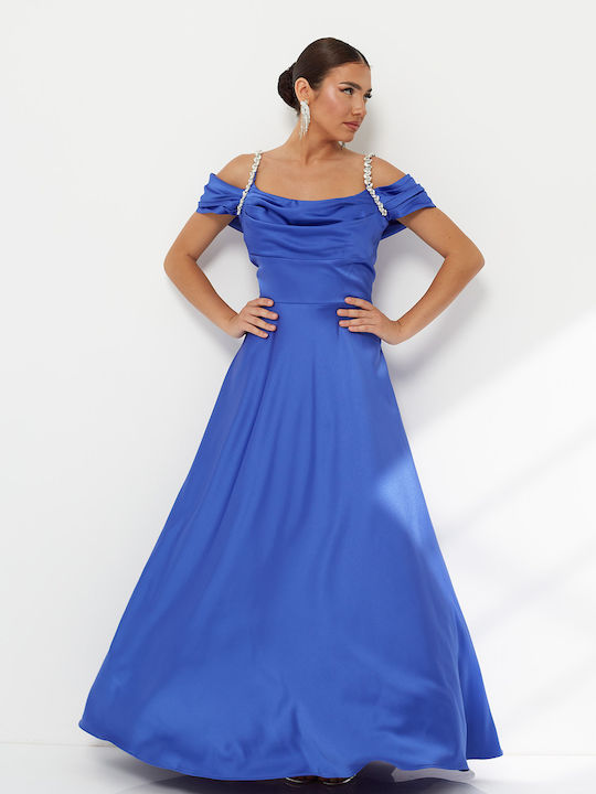 Summer Maxi Dress for Wedding - Christening Drape Satin Blue