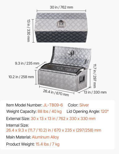 Vevor 30"x13"x13" Heavy Duty Aluminum Truck Bed Tool Box Pickup Rv Silver
