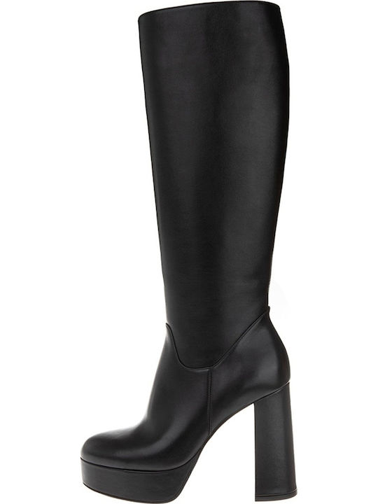 Leder Damenstiefel mit hohem Absatz Schwarz