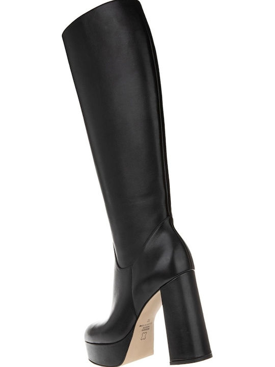 Leder Damenstiefel mit hohem Absatz Schwarz