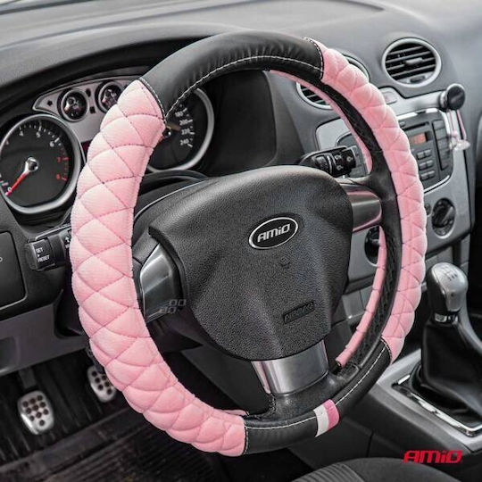 AMiO Car Steering Wheel Cover Synthetic Pink with Black Stitching