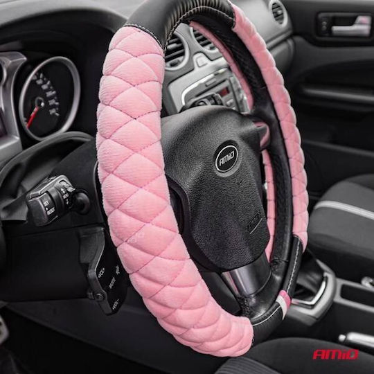 AMiO Car Steering Wheel Cover Synthetic Pink with Black Stitching