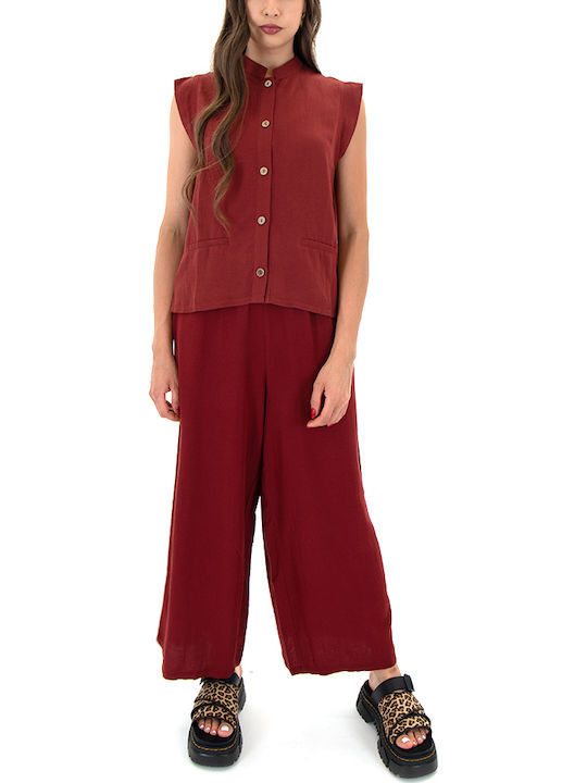 Women's High-waisted Fabric Trousers with Elastic in Loose Fit Bordeaux