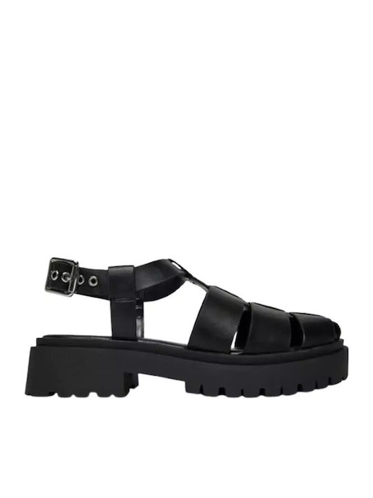 Leather Women's Flat Sandals in Black Color