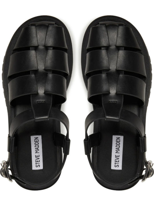 Leather Women's Flat Sandals in Black Color