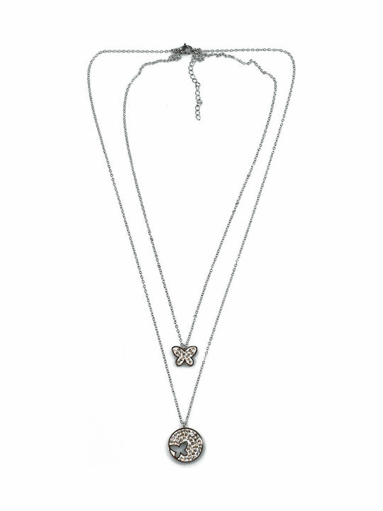 Halskette Aus Stahl Edelstahl Schmetterlinge Silber Mit Kristallen Bz-nk-00281