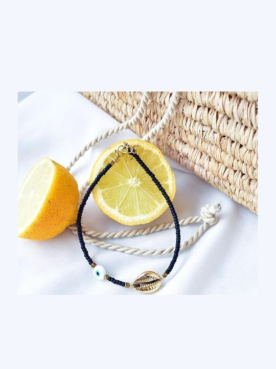 Brățară de Glezna Handmade Mărgele Scoică Cowrie Maui Negru Oțel