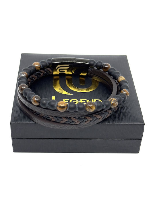 Brown Leather Bracelet Stainless Steel Volcanic Stones