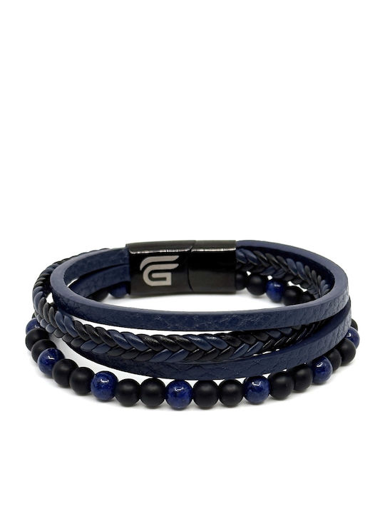 Blue Leather Bracelet Stainless Steel Volcanic Stones