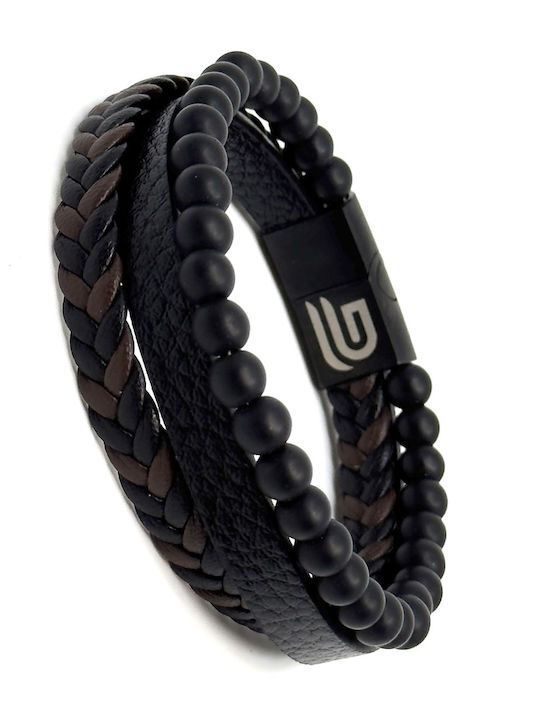 Leather Bracelet Stainless Steel Black Natural Stones