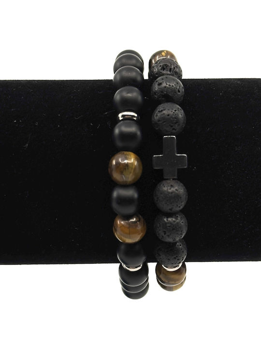 Lava Stone Διπλό Ελαστικό Βραχιόλι Φυσικές Πέτρες