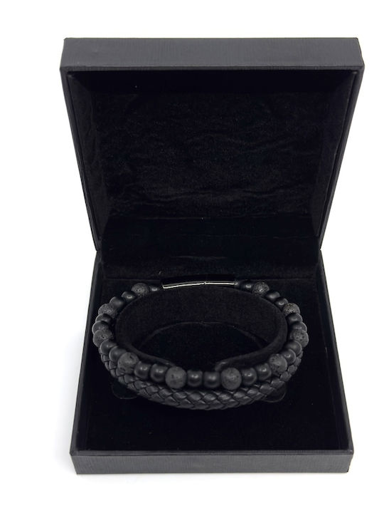 Lederarmband Edelstahl Schwarz Häftige Vulkansteine