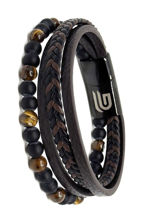 Brown Leather Bracelet Stainless Steel Volcanic Stones