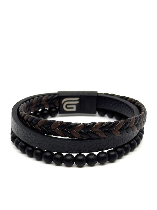 Leather Bracelet Stainless Steel Black Natural Stones