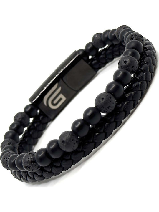 Lederarmband Edelstahl Schwarz Häftige Vulkansteine