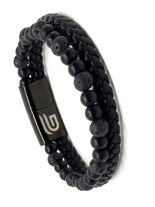 Lederarmband Edelstahl Schwarz Häftige Vulkansteine