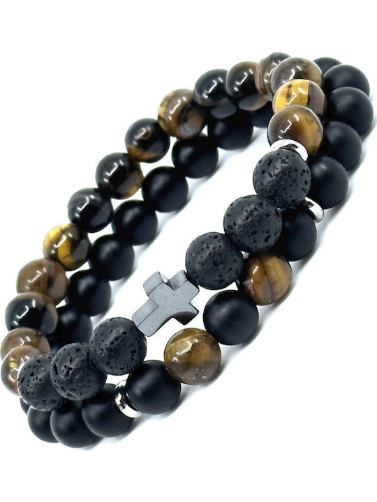 Lava Stone Διπλό Ελαστικό Βραχιόλι Φυσικές Πέτρες