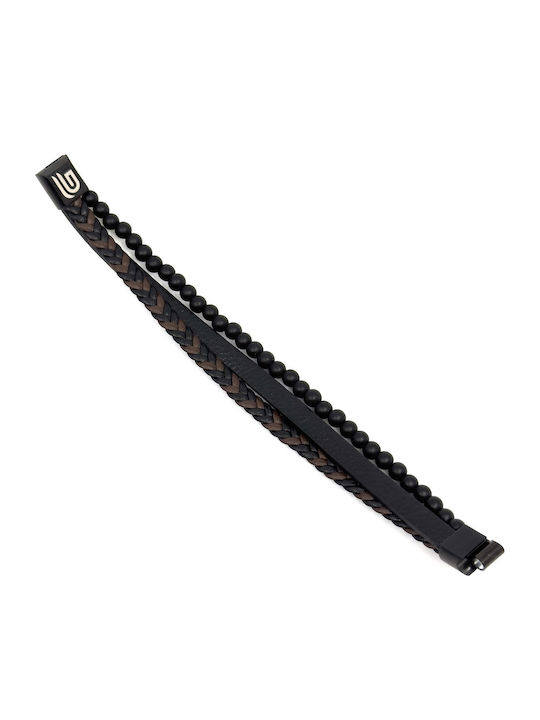 Leather Bracelet Stainless Steel Black Natural Stones